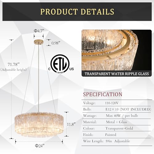 Catiner P85-10G1 Gold Chandeliers 24"Modern Crystal Glass Round Chandelier 10-Light Drum Pendant Ceiling Light Fixtures Luxury 2 Tiers Hanging Chandelier thumb #1