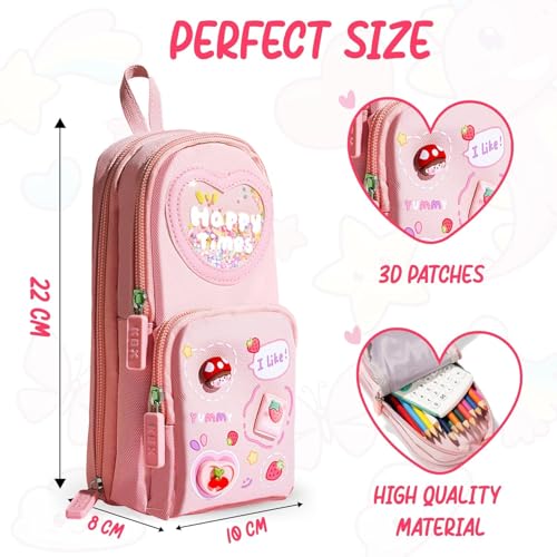 Image of PRANIJ Cute Aesthetic Large Capacity 6 Layer with 3 Compartment Pencil Case Pouch with Zipper Portable Stationery Organizer for School College Boys Girls Women Men (Pink - Happy Times)