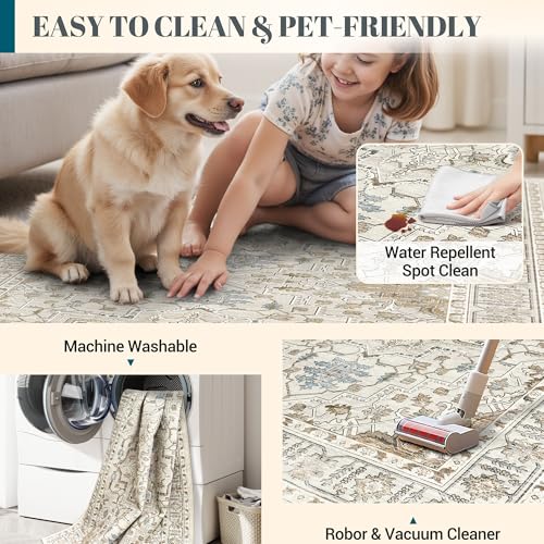Madane Runner Rug 2x8, Washable Hallway Runner Rugs, Non-Slip Low-Pile Soft Kitchen Rug Runner Laundry Room Rug, Vintage Throw Entry Foyer Mat for Entrance Living Room (Beige/Blue, 2 x 8)