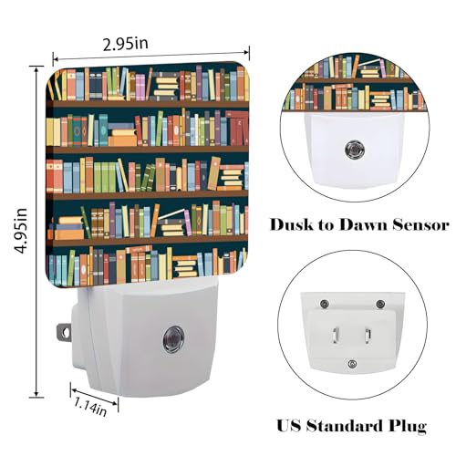 Image of Bookshelves Full of Books Night Light,Plug-in Night Lights with Dusk to Dawn Sensor for Stairway,Hallway,Bedroom Sleep Friendly Ideal for Women /Girls /Boys Gift,0.5w