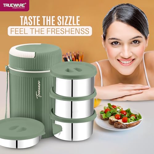 Image of Trueware Plastic Grub 4 Double Wall Insulated Hot Lunch Box with 3 Ss Container 300 Ml Each & 1 Ss Container 200Ml | Bpa Free | Food Grade | Hot and (LBI-GRB-004-Green BAZ)