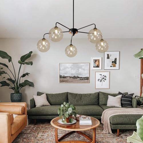 Image of 5 Light Black Sputnik Chandelier Mid Century Modern Chandelier with Cognac Clear Glass Globe Shade Pendant Light for Kitchen Dining Room
