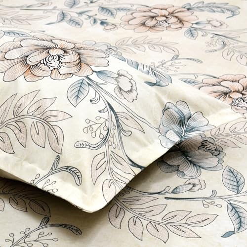 Image of Rivermoor 144 TC Cotton Bedsheet for Double Bed | Queen Size Bed Sheet with 2 Pillow Covers | Ivory & Blue Botanical Floral | 90 x 100 Inches
