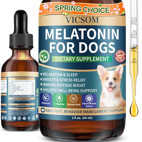 Liquid Melatonin for Dogs, Dog Melatonin with L-Theanine for Small Medium Large Dog Sleep Aid, Stress & Anxiety Relief, Calm Aid for Dogs Puppies, Support Relaxation & Deep Sleep, 60ml