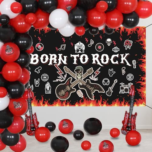 Image of Crenics Rock and Roll Party Decorations - Born to Rock Backdrop Banner, Balloons Arch Kit and Guitar Foil Balloons for Star Music Theme Birthday Party Supplies