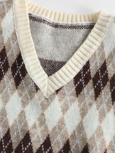 Zaful Women's Casual V-Neck Vest Y2K Preppy Style Vintage Knitwear Top Argyle V Neck Vest Sweater(Light Coffee,S) #TOP3