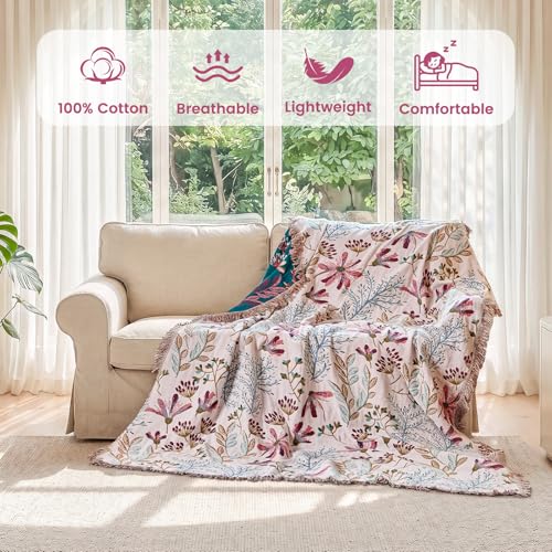 Image of MSGKV Boho Throw Blanket 60 inchx80 inch 100% Cotton Floral Blanket for Couch Bed
