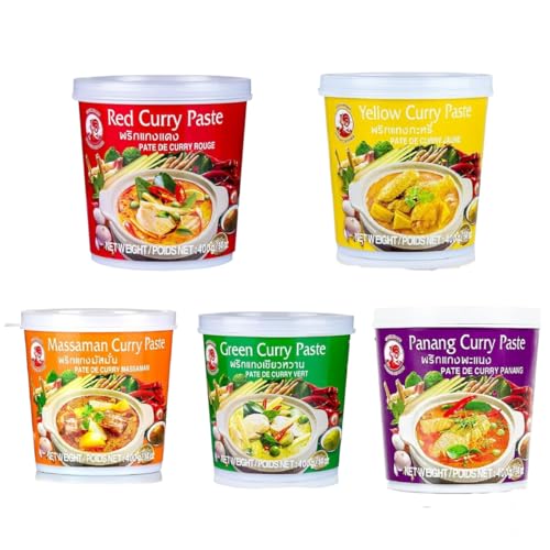 YIJIA | Cock Brand 5 x 400g （curry roja, verde, amarilla,Massaman,Panang）juego de degustación Curry pasten - Ideal para dar un toque exótico a tus platos
