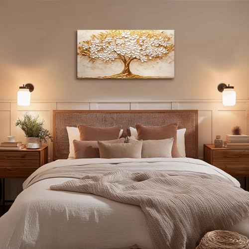 crmotu Tree of Life Large Wall Art, Blooming Flower Tree Art Prints, White Gold Abstract Landscape Paintings, Modern Trendy Home Wall Decor Living Room Bedroom Above Bed Canvas Pictures 20x40 Inch