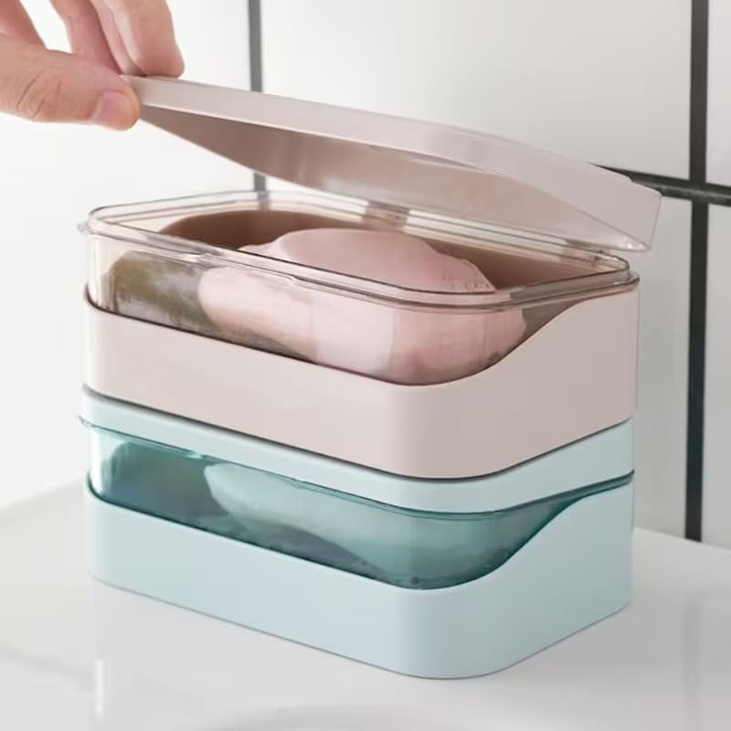 Image of Wall Mounted Soap Box with Flip Cover and Drain Tray | Detachable Inner Support | Adhesive Sticker Installation | ABS Soap Holder for Bathroom (Portable Soap Holder)