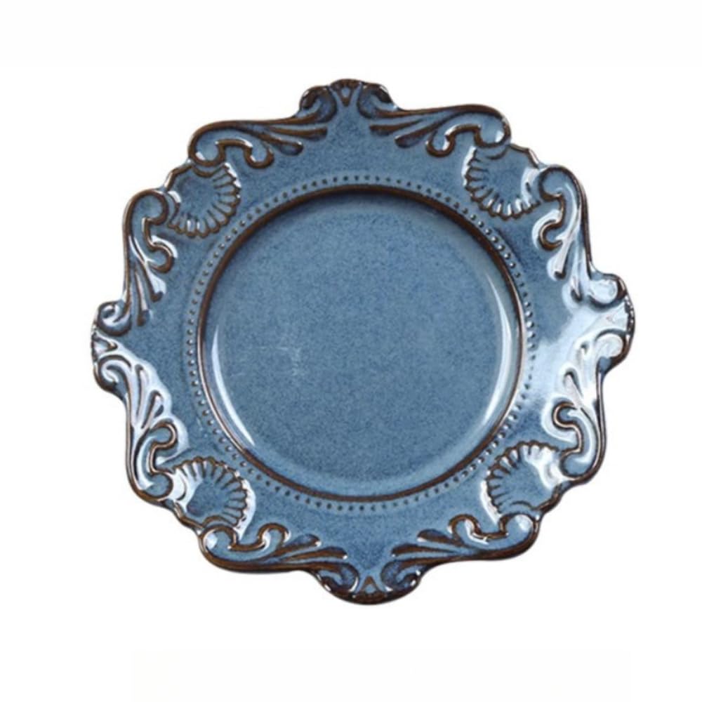 European Relief Plate Household Western Food Soup Bowl Rice Flat Dessert Vegetable Ceramic Tableware (8-inch plate,Blue)