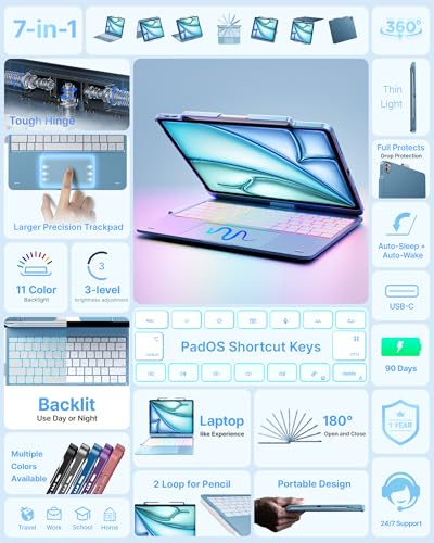 Image of typecase Keyboard Case for iPad Air 13-inch(M4 /M3 /M2, 2026 /2025 /2024), 360 Rotatable, Multi-Touch Trackpad, 11-Color Backlit Wireless Protective Case with Pencil Holder, Auto Sleep /Wake, Light Blue