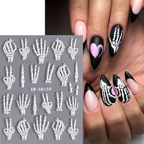 Halloween Skull Nail Art Stickers Skeleton Bones Nail Art Decals 3 Sheets 5D Embossed Finger Skull Nail Stickers Self-Adhesive Hand Bones Nail Sliders Halloween DIY Manicure Supplies for Women Girls - Image 4