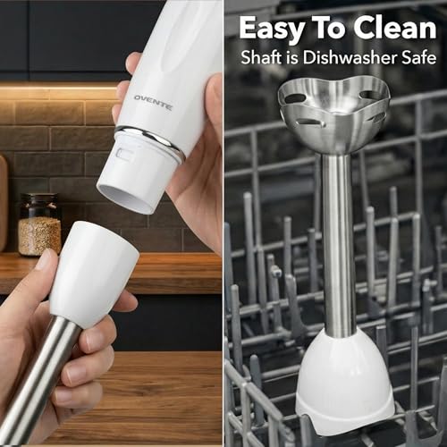 Image of OVENTE Immersion Hand Blender, 300W Electric Handheld Stick Mixer with 2 Mixing Speeds and Stainless Steel Blades for Smoothies, Purees & Baby Food, White HS560W