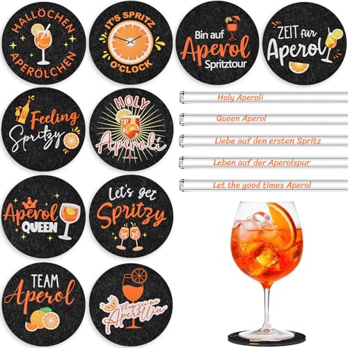 Joycabin Aperol Lot de 15 dessous de verre en feutre et pailles en verre Aperol Spritz - Cadeau réutilisable - Dessous de verre rond - Décoration pour les amateurs...