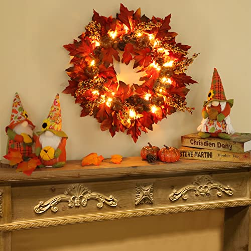 [Timer] 20 Inch 30 Led Prelit Thick Fall Front Door Wreath Fall Decorations 3 Styles 97 Maple Leaves 12 Pumpkin 8 Pinecone 12 Acorn Battery Operated Warm Lights Thanksgiving Fall Decor Indoor Outdoor #TOP4
