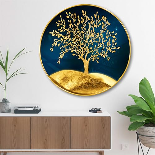 Image of SAF Golden Tree Round Wall Painting with Frame | Luxury Nature Wall Art for Living Room Bedroom Office | Elegant Tree of Life Decorative Wall Hanging | Modern Home Decor (20 X 20 Inch) GRL-251
