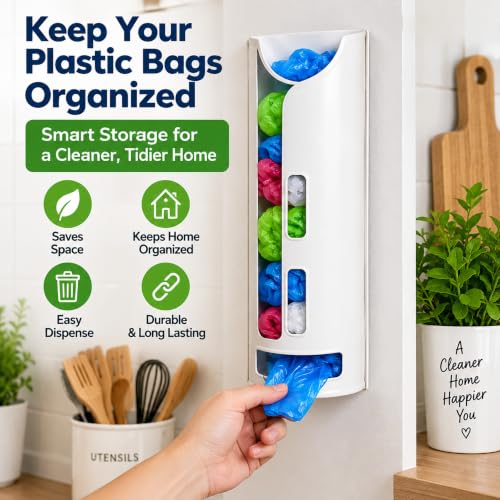 Image of Wall-Mount Plastic Bag Dispenser - Kitchen /Utility Holder, Easy-Pull