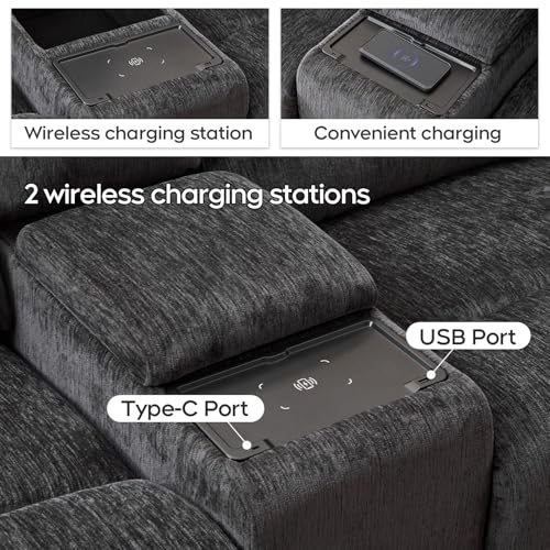 Image of Oversized Power Recliner Sectional Sofa with Wireless Charger,Large Reclining Sectionals Couch Set with 2 Electric Chenille Recliner,USB Type-C,Storage Consloe for Living Room,32.6 inch Seat Width,Gray