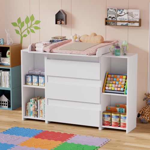 Cambiador 2 en 1 con 3 cajones grandes y estantes abiertos laterales, mueble cambiador de madera para dormitorio, cómoda infantil con bordes de seguridad, blanco, 73 x 70 x 78 cm / 113 x 32 x 70 cm