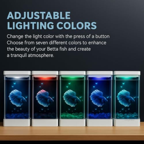 Image of PS-11 White Acrylic Aquarium Tank | Small Desktop Betta Fish Tank with Color-Changing LED Lighting | Easy-Clean Compact Acrylic Bowl for Guppy, Shrimp & Nano Fish (1.5 L)
