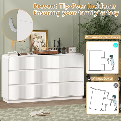 Image of Wodeer White Dresser Fluted 9 Drawers Dresser for Bedroom, 59 inch Wide Wood Chest of Drawers with Hidden Handles & Rounded Corners, Modern TV Stand Storage Cabinet for Living Room, Hallway, Entryway