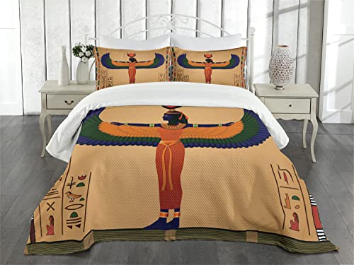 Lunarable Egyptian Print Bedspread, Colorful Retro Vintage Mural Of Egyptian Woman With Wings Traditional Cloth, Decorative Quilted 3 Piece Coverlet Set With 2 Pillow Shams, King Size, Coffee Brown #TOP1