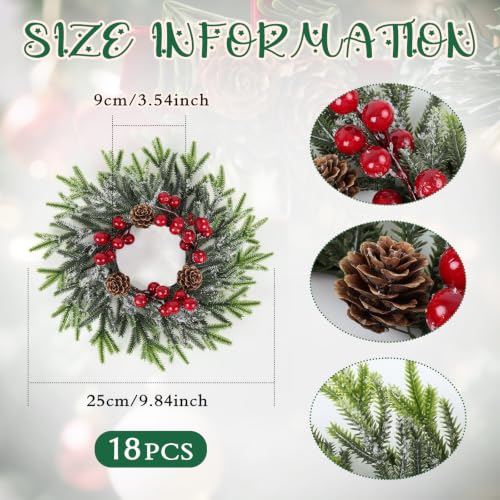 Image of 18 Pcs Christmas Candle Rings Wreath Mini Christmas Table Centerpieces Red Berry Pinecones Wreaths for for Front Door Kitchen Cabinet Holiday Party Farmhouse Porch Wall Outdoor Indoor Home Decoration