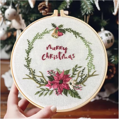 Image of UQRUI Christmas Embroidery Kits for Adults BeginnersEmbroidery Patterns, Ornament Embroidery Kit,Cross Stitch Kits (Merry Christmas C)