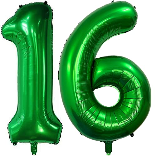 Image of Number 16 Dark Green Balloons 40 Inch Giant Green 16 Numer Foil Helium Balloons for 16th Green Birthday Party Supplies 16th Anniversary Events Decorations