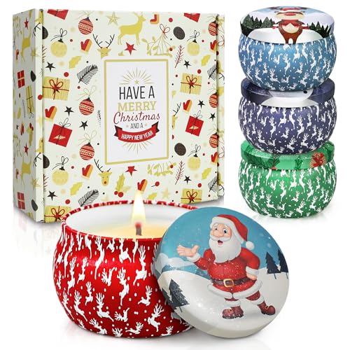 Christmas Candle Gift Set for Women 4 Pack Long Lasting Soy Wax Candles with Lavender Cookie Fir & Cinnamon Apple Scents Aromatherapy Candles for Home Perfect Holiday Gifts