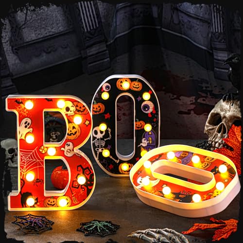 Image of Aurelema Halloween Boo Light up Sign Table Decorations, LED Boo Marquee Words Indoor Tabletop Centerpiece for Bedroom Kitchen Fireplace Party Supplies