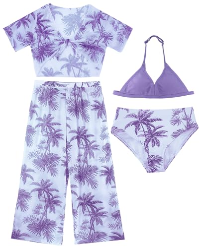 Image of Happy Cherry Girls Swimsuit Teen Cute Bathing Suits Kids 4 Piece Tropical Print Beach Bikini Sets with Cover Up Size 8-12
