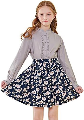 SOLOCOTE Girls Blouse Ruffle Long Sleeve Button Down Shirts Princess Cotton Loose Soft Tops Spring and Summer, 190903, Gray, 5-6Y