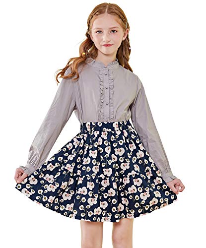 Image of SOLOCOTE Girls Blouse Ruffle Long Sleeve Button Down Shirts Princess Cotton Loose Soft Tops Spring and Summer, 190903, Gray, 13-14Y