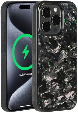 molzar Grip Series - Funda para iPhone 15 Pro con fibra de carbono forjada real, anillo magnético integrado para montaje magnético, compatible con cargadores y accesorios MagSafe, negro/forjado