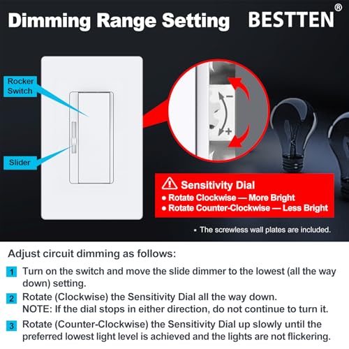 Image of BESTTEN 20-Pack Dimmer Light Switch, Single Pole or 3 Way Dimmable Switch | ETL Listed, Quiet Rocker, Max 300W LED, CFL, 600W Incandescent, with Screwless Wallplate, White