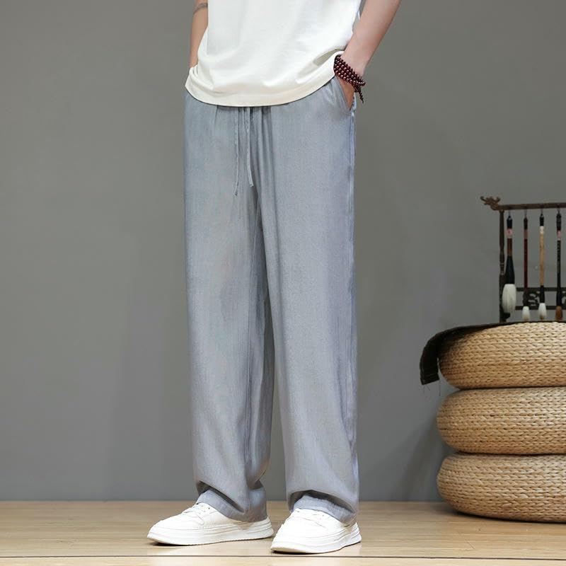 Men's Summer Traditional Trendy Ice Silk Chinese Style Straight Floor-Length Casual Long Pants2