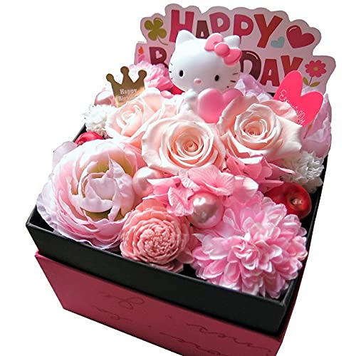 【誕生日プレゼント 彼女 人気 キティ入り】 花 フラワーボックス キティ マスコット 箱開けてスマイル ボックス入り プリザーブドフラワー入りギフト ピンク系 プレゼント対応可