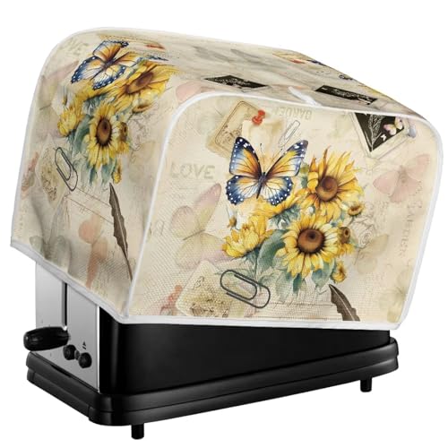Image of Toaster Dust Cover 4 Slice, Microwave Oven Grill Cover - Stain Resistant Dustproof Kitchen Small Appliance With Top Handle, Butterfly Sunflower Retro