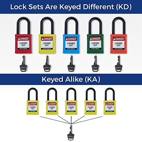 Image of Brady Safety Lockout Padlock Sets - 6 Pack - Yellow - Keyed Alike Safety Lockout Padlocks - 1 Key Per Lock - SDPL-YLW-38PL-KA6