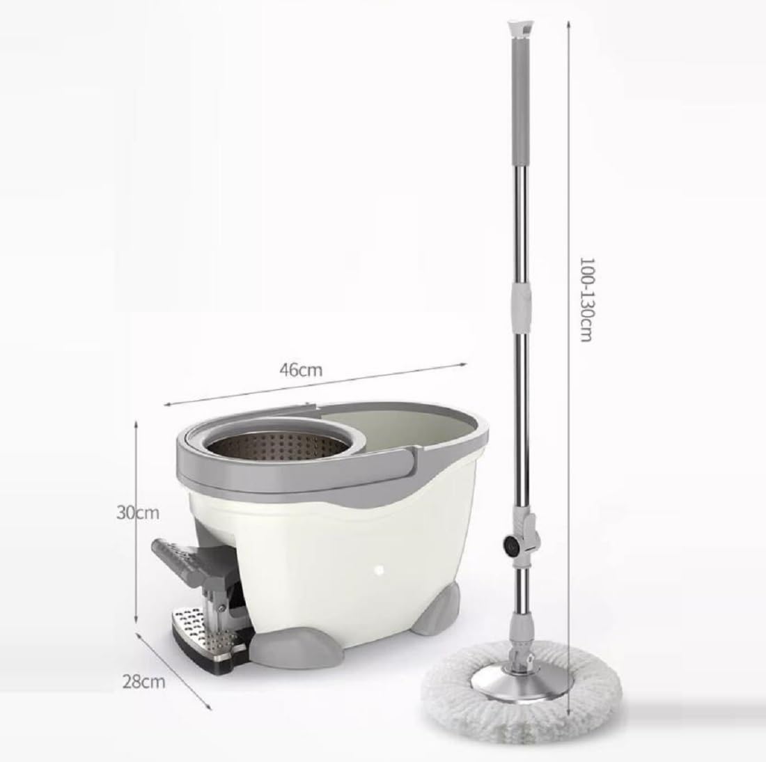 Juego De Cubo De Fregona para Suelos Giratoria, con Pedal Mango Telescópico 100-130 Cm, con 3 Cabezales De Microfibra Súper Absorbentes Fregona Giratoria 360º para Limpieza del Hogar,Blanca
