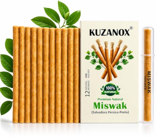 KUZANOX Miswak Sticks for Teeth Pack of 12 with Holder - 100% Natural Salvadora Persica Miswak Sticks - Traditional Oral Care Chewing Sticks - Vacuum Sealed