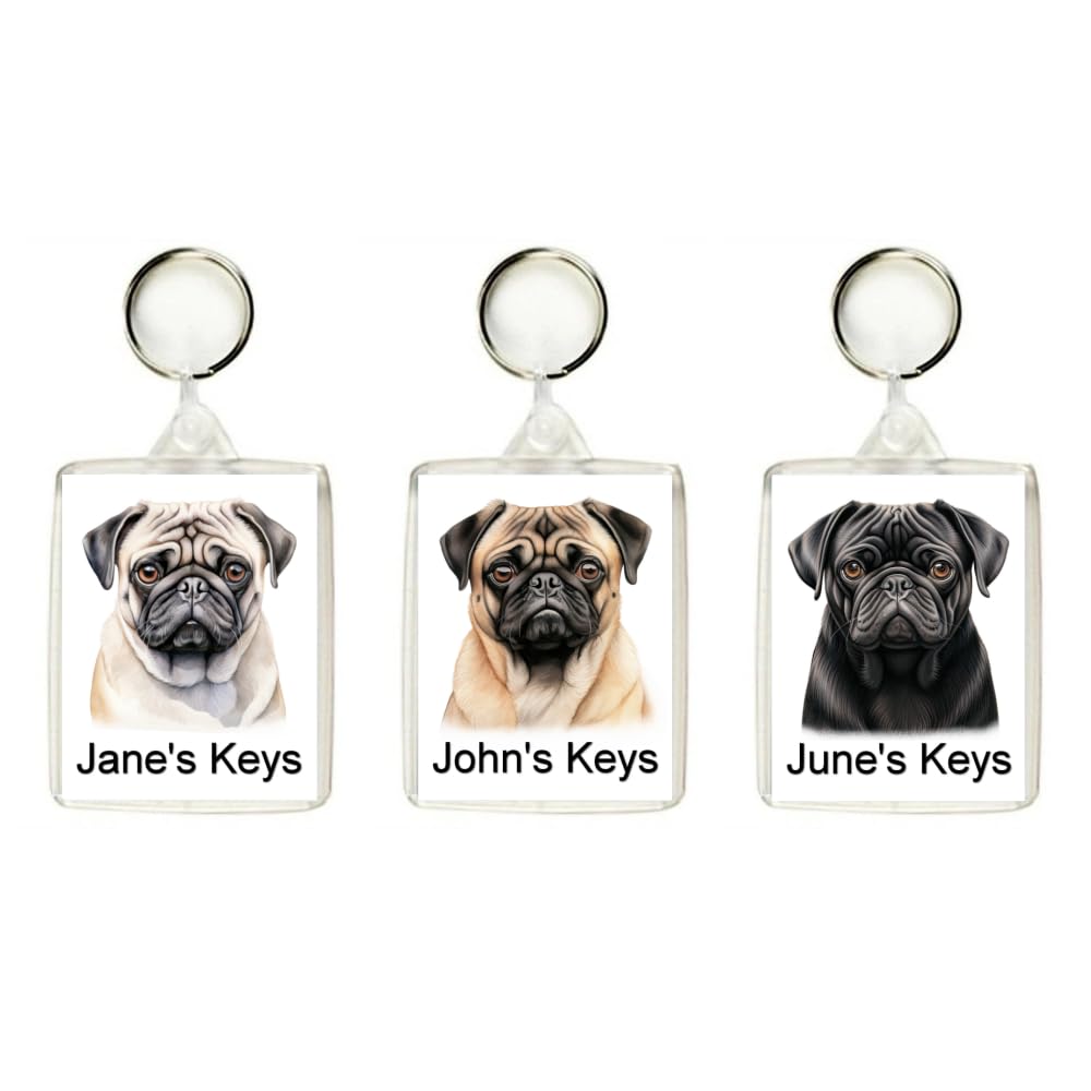 Key Expressions Multicoloured Personalised Pug Dog Keyring/Bag Tag - Three Designs Available