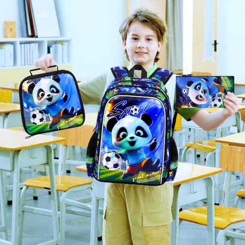 Image of 16 inch Panda Soccer Backpack Set for Boys 4-8, 3Pcs Kindergarten School Bag with Football Lunch Box, Lightweight Bookbag (Blue)