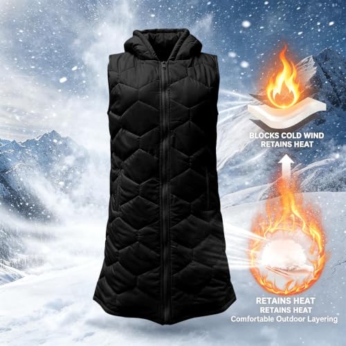 XOGWVJ Vest for Women Lightweight Womens Puffer Vest Long Hooded Quilted Sleeveless Winter Coat Full Zip Warm Longline Vests with Pockets Fall Clothes Black L - image 8
