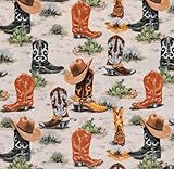 Generic Western Cowboy Boot Calico Cotton Fabric by The Yard - Rodeo Ranch Old West Cowboy Hat Cowboy Boot - Precut Cotton Fabric - One Yard, Brown