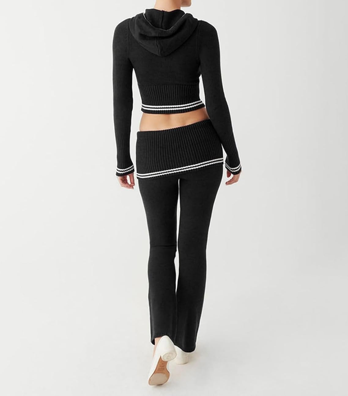 Pantaloni da donna con cappuccio elasticizzati a maniche lunghe con zip e pantaloni da salotto - Moda casual Y2k Slim Crop Top a vita alta Pantaloni skinny Abiti maglione, Nero , M