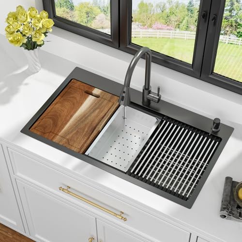 Image of Kichae 33x19 Drop In Kitchen Sink Black with Faucet Combo Stainless Steel 16 Gauge Workstation Sink Topmount Handmade Single Bowl Basin with Accessories