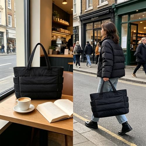 Image of Office Bag for Woman, Tote Bag for College Girls, Spacious Tote Bags for Women, Travel Bag for Daily Commute, Gym Bag for Women, Shoulder Bag for Busy Professionals, Black Large Capacity Puffy Handbag